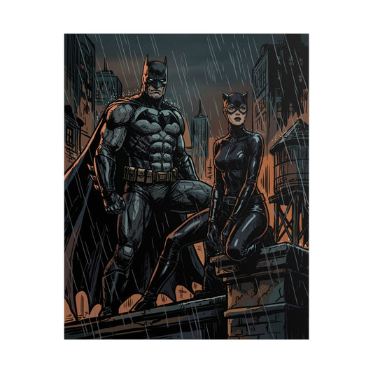 Batman & Catwoman Rainy Rooftop Rolled Poster