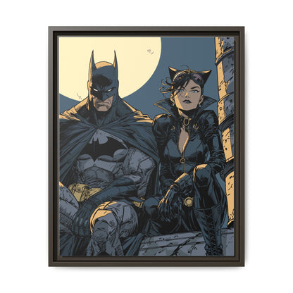 Framed Matte Canvas Print — Gotham Night Batman & Catwoman Illustration