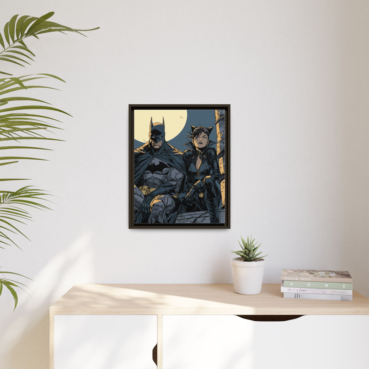Framed Matte Canvas Print — Gotham Night Batman & Catwoman Illustration