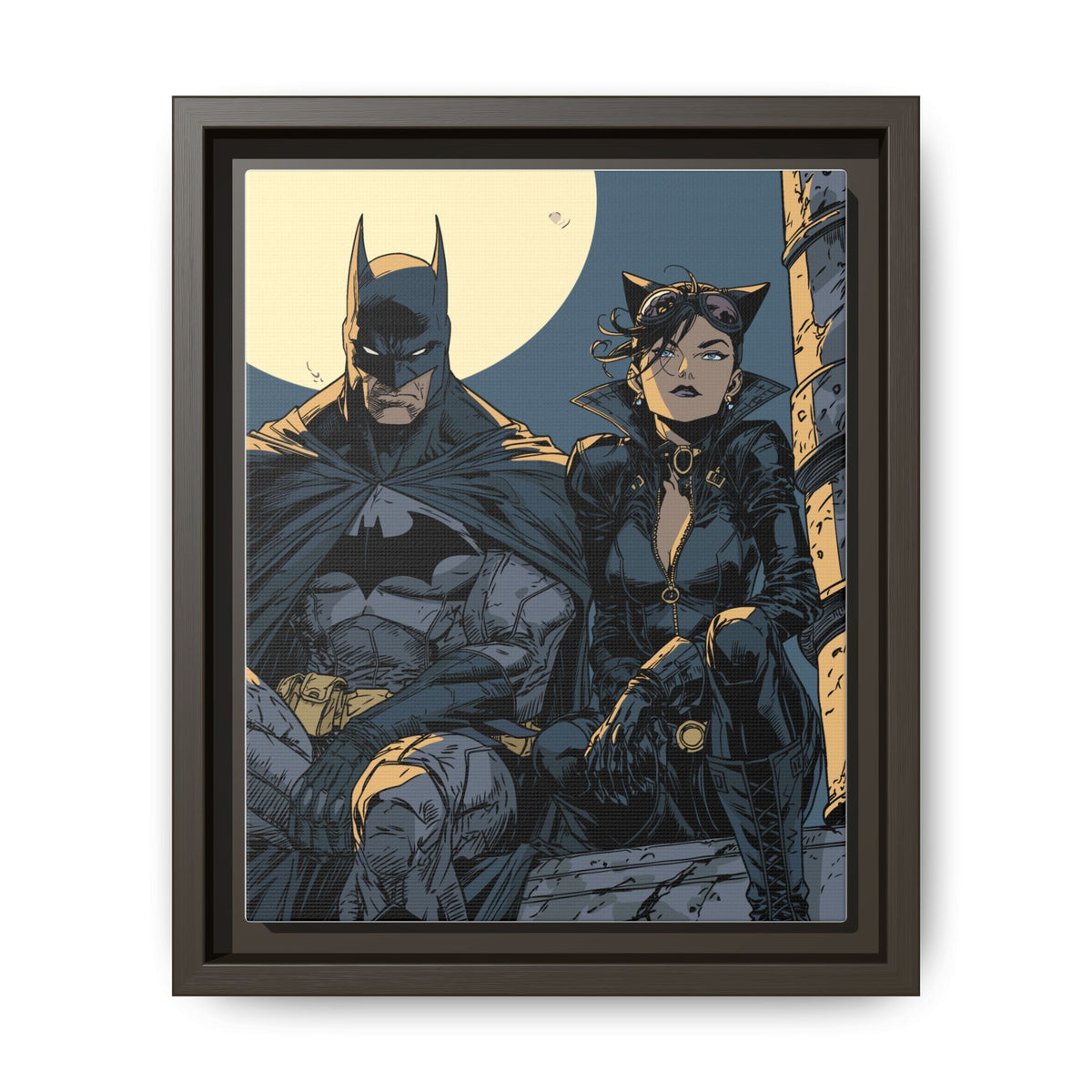 Framed Matte Canvas Print — Gotham Night Batman & Catwoman Illustration
