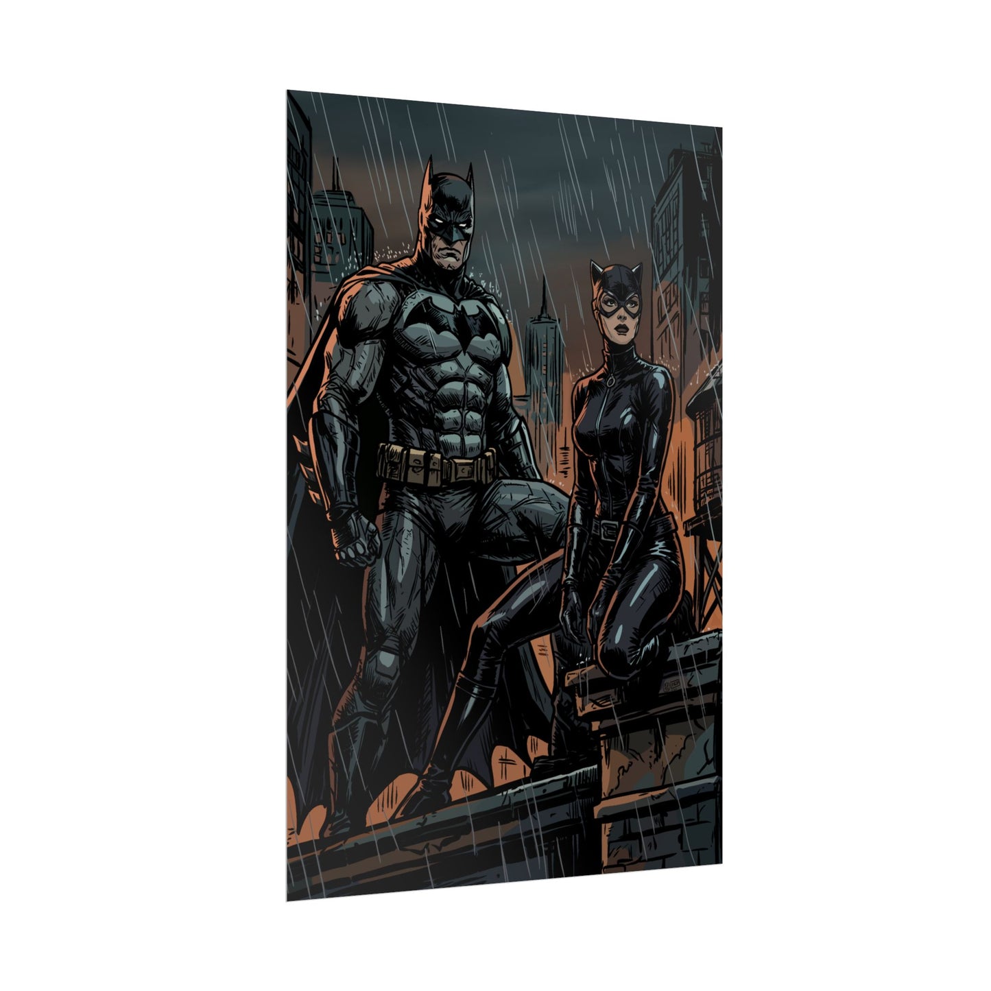 Batman & Catwoman Rainy Rooftop Rolled Poster