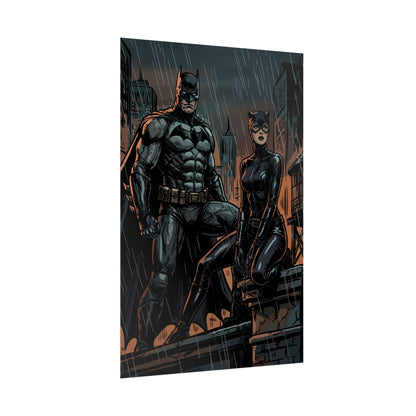 Batman & Catwoman Rainy Rooftop Rolled Poster