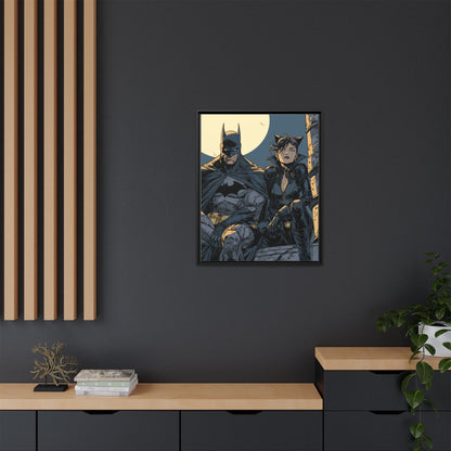 Framed Matte Canvas Print — Gotham Night Batman & Catwoman Illustration