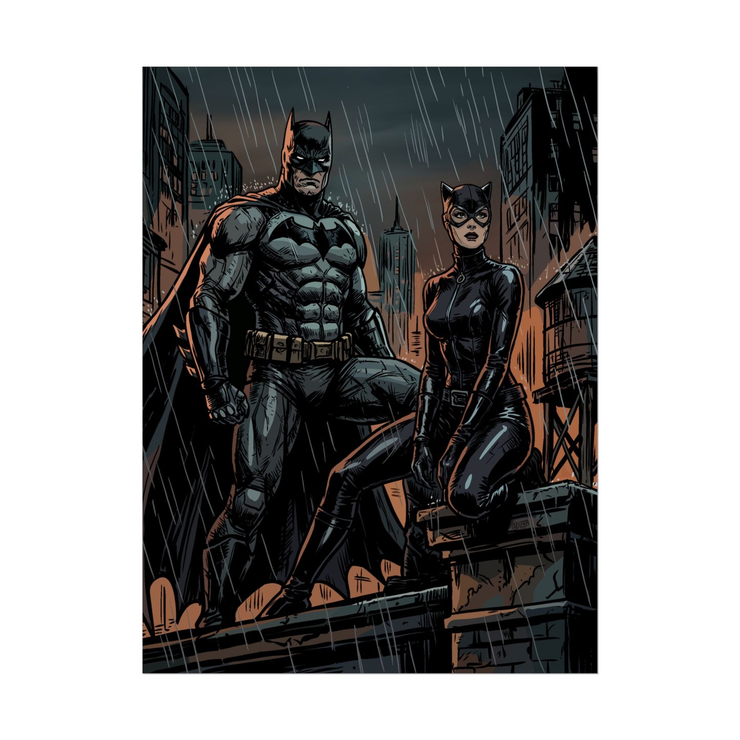 Batman & Catwoman Rainy Rooftop Rolled Poster