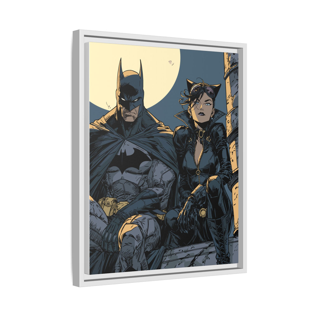 Framed Matte Canvas Print — Gotham Night Batman & Catwoman Illustration