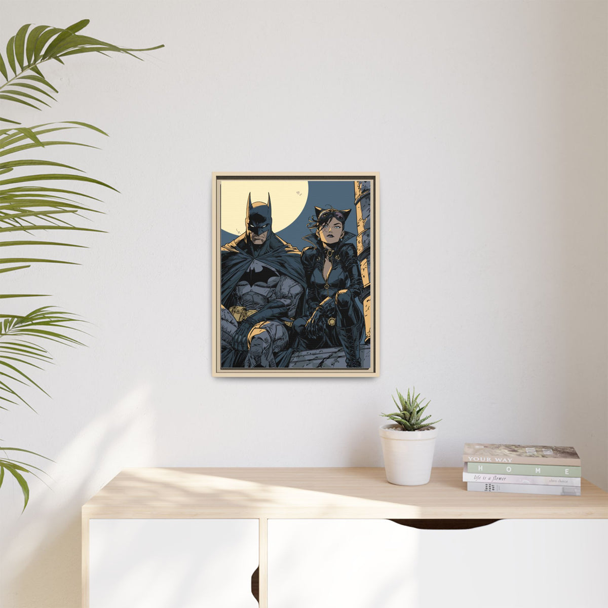 Framed Matte Canvas Print — Gotham Night Batman & Catwoman Illustration