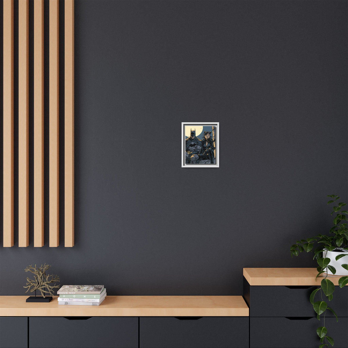 Framed Matte Canvas Print — Gotham Night Batman & Catwoman Illustration