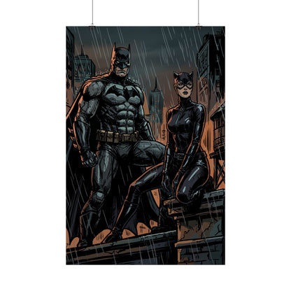 Batman & Catwoman Rainy Rooftop Rolled Poster