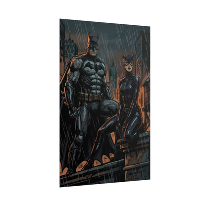 Batman & Catwoman Rainy Rooftop Rolled Poster