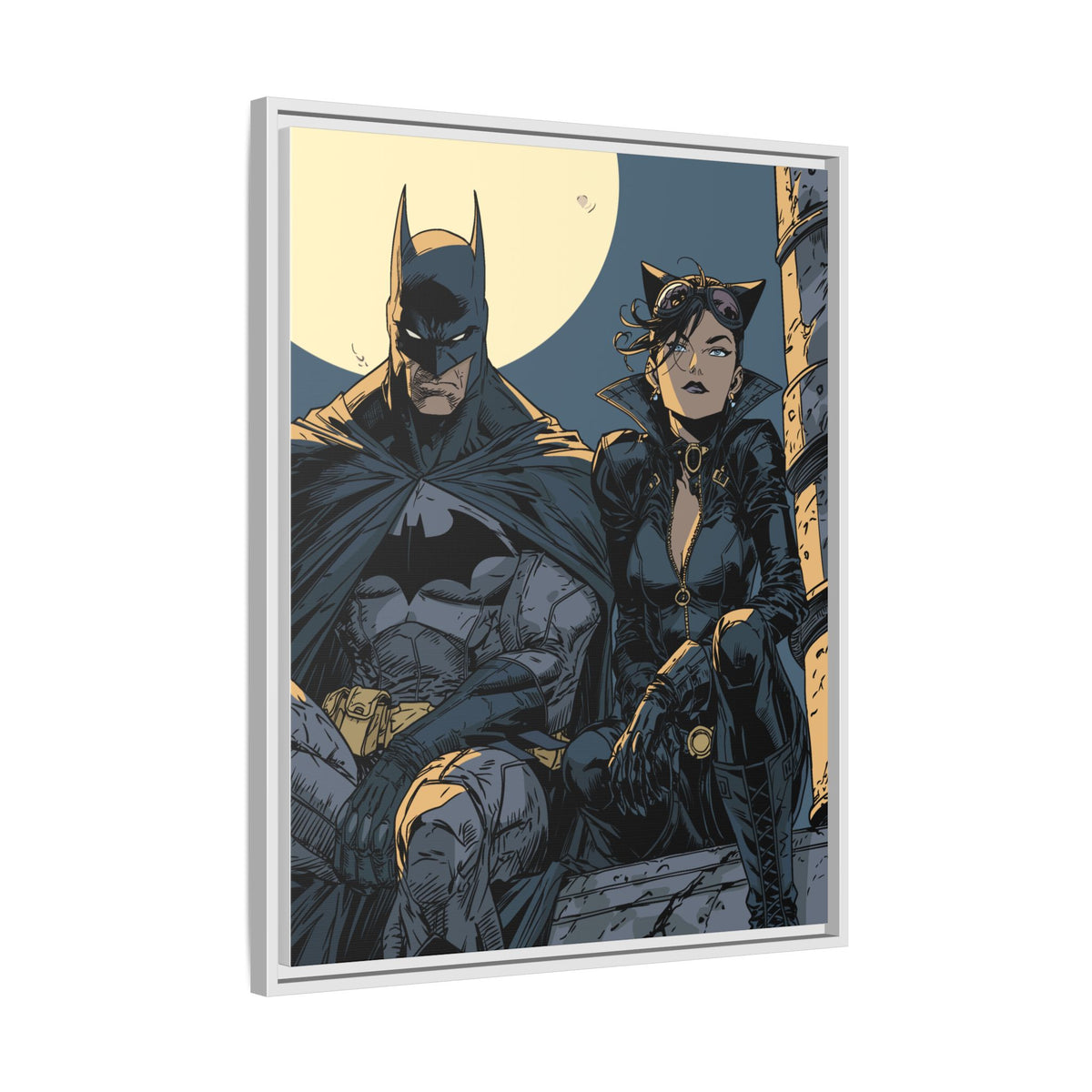 Framed Matte Canvas Print — Gotham Night Batman & Catwoman Illustration