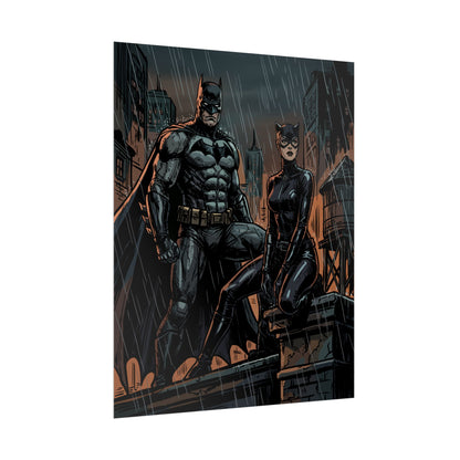 Batman & Catwoman Rainy Rooftop Rolled Poster