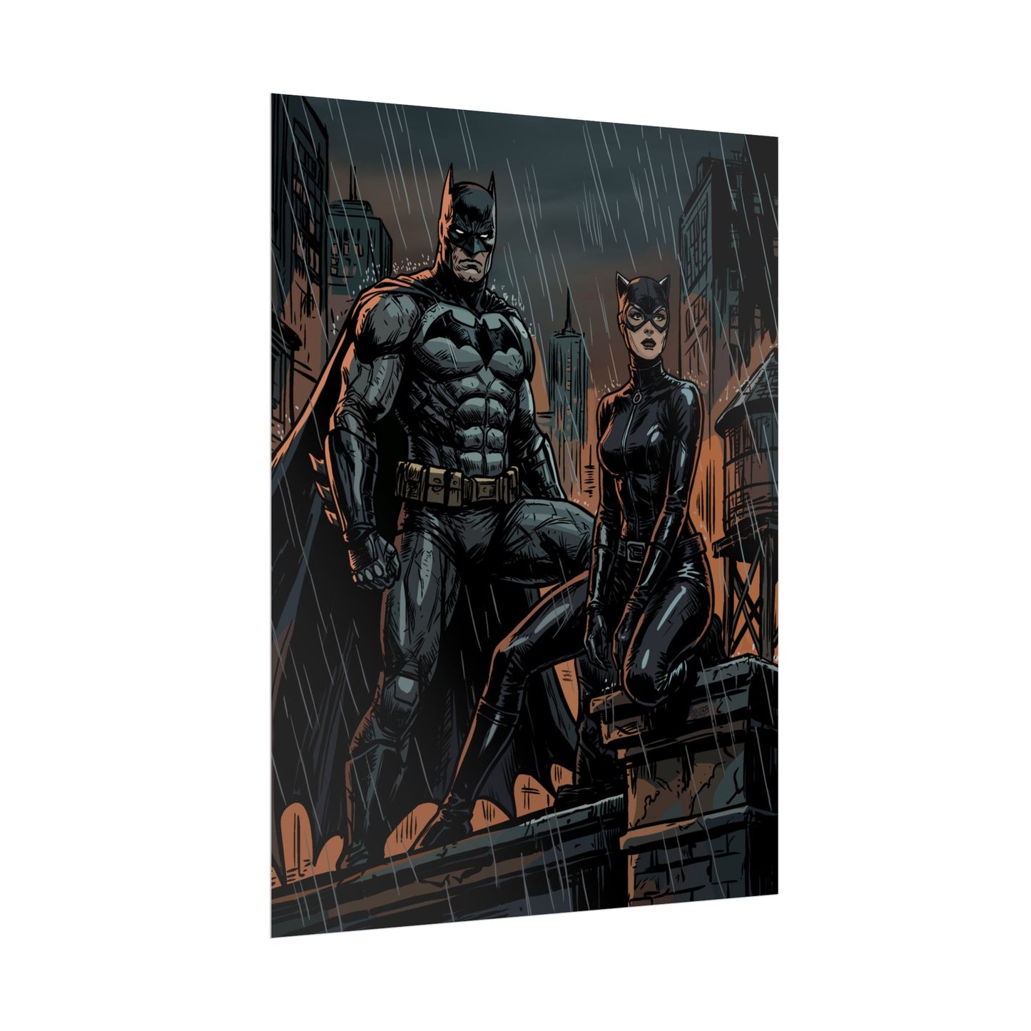 Batman & Catwoman Rainy Rooftop Rolled Poster