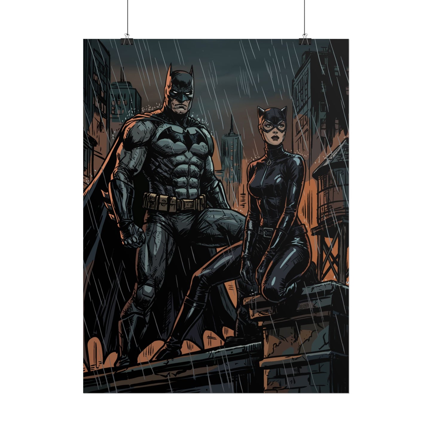 Batman & Catwoman Rainy Rooftop Rolled Poster
