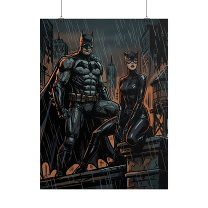 Batman & Catwoman Rainy Rooftop Rolled Poster