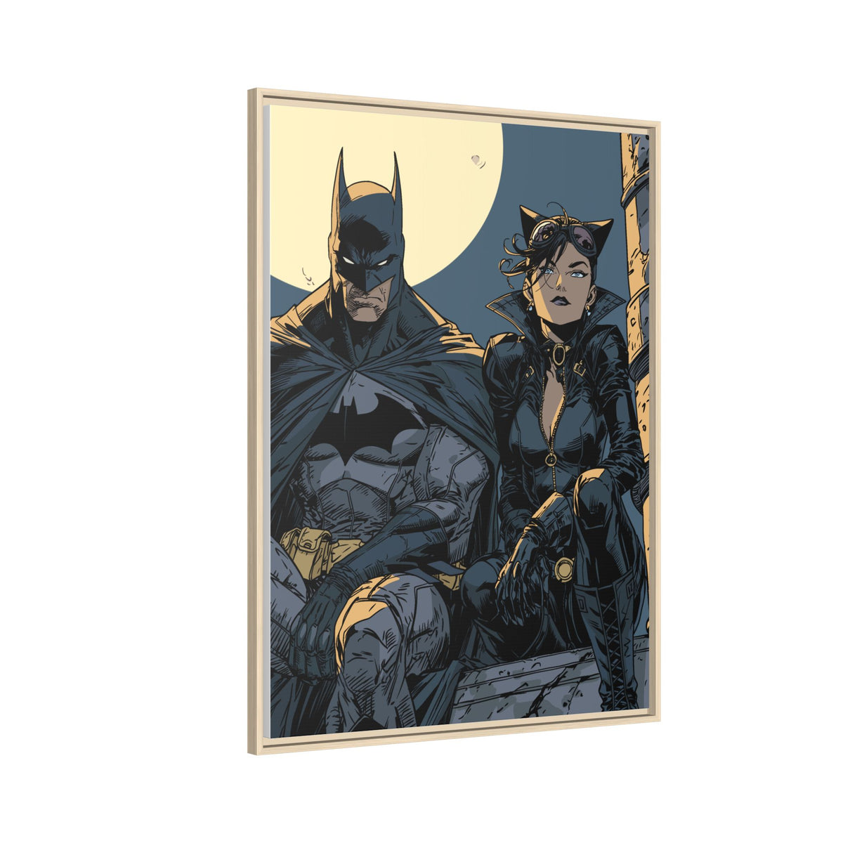 Framed Matte Canvas Print — Gotham Night Batman & Catwoman Illustration
