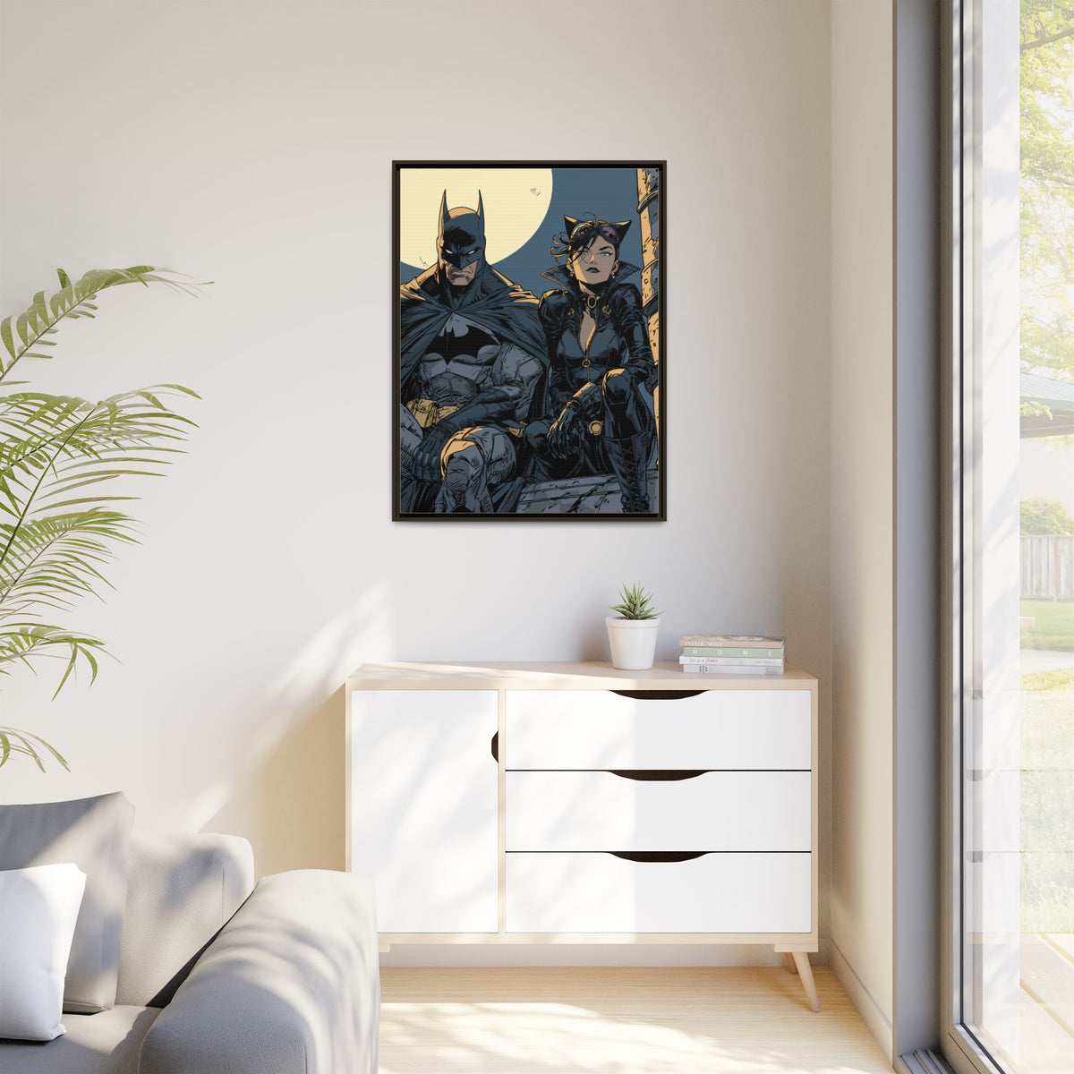 Framed Matte Canvas Print — Gotham Night Batman & Catwoman Illustration