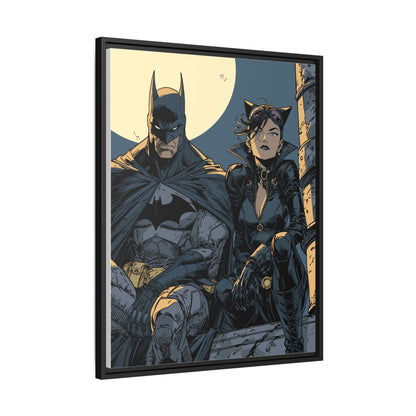 Framed Matte Canvas Print — Gotham Night Batman & Catwoman Illustration