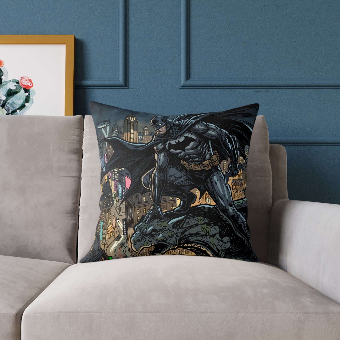 Batman Cityscape Square Poly Canvas Pillow