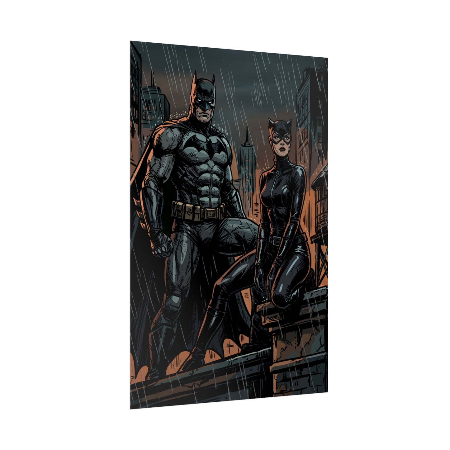 Batman & Catwoman Rainy Rooftop Rolled Poster