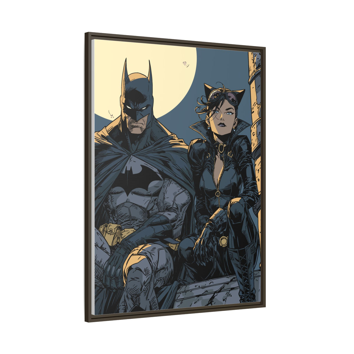 Framed Matte Canvas Print — Gotham Night Batman & Catwoman Illustration