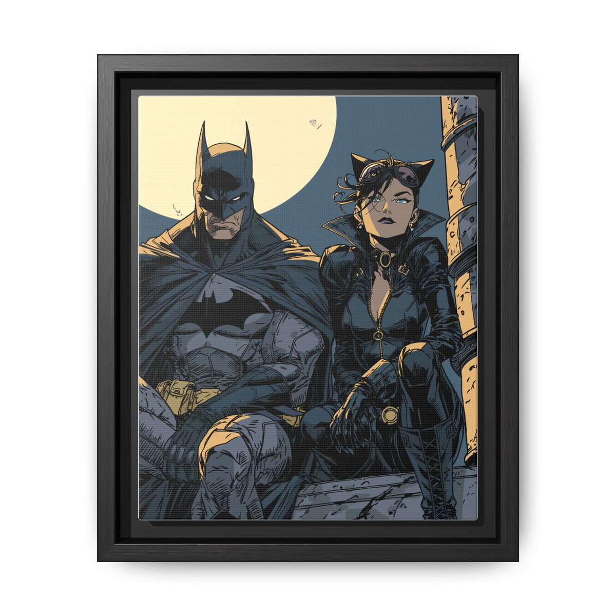 Framed Matte Canvas Print — Gotham Night Batman & Catwoman Illustration