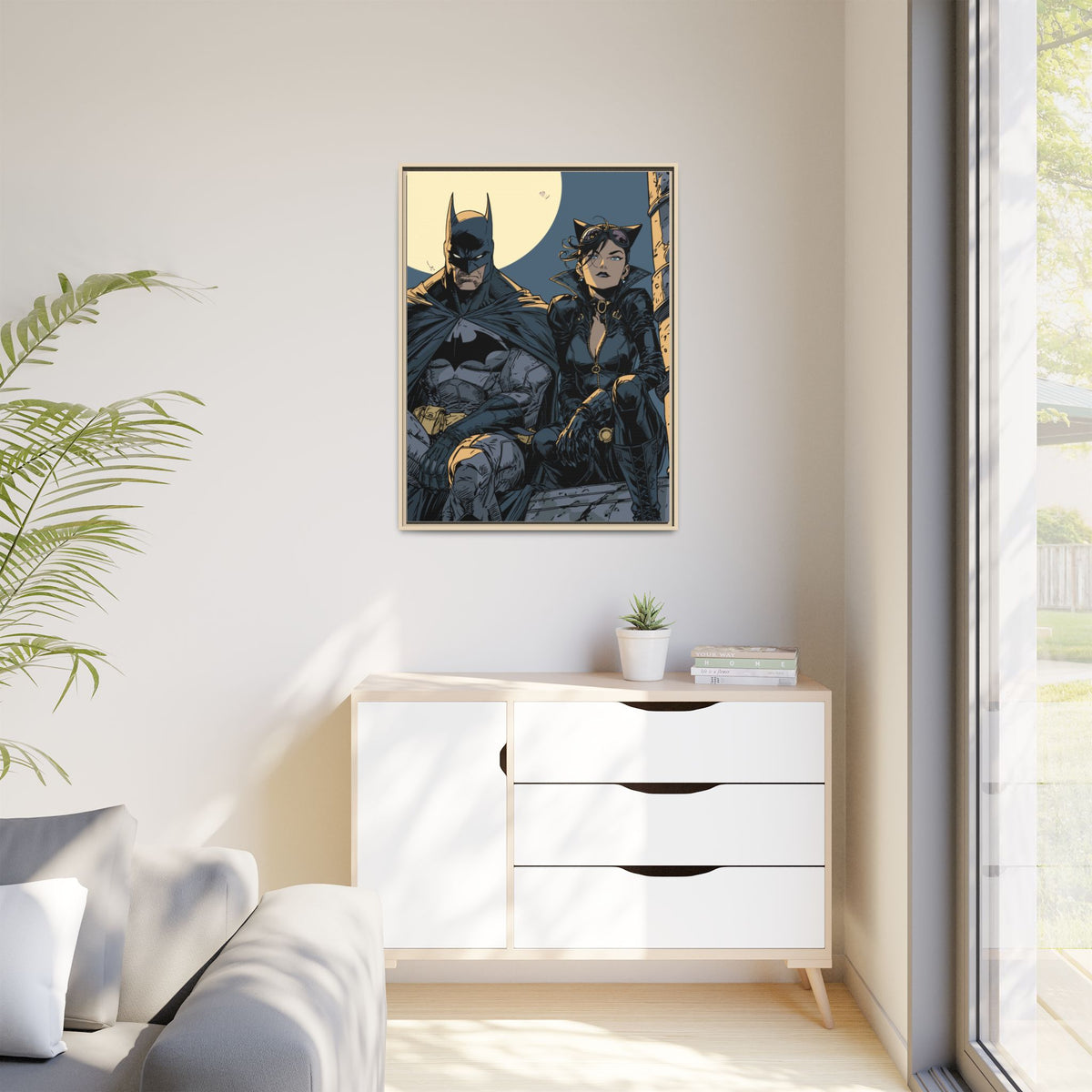 Framed Matte Canvas Print — Gotham Night Batman & Catwoman Illustration