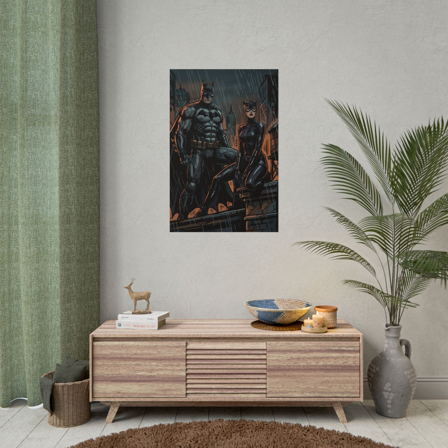 Batman & Catwoman Rainy Rooftop Rolled Poster