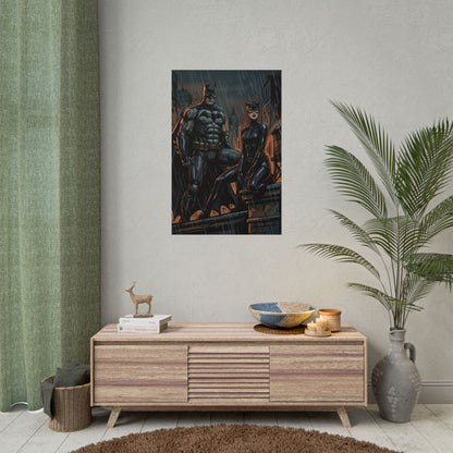 Batman & Catwoman Rainy Rooftop Rolled Poster