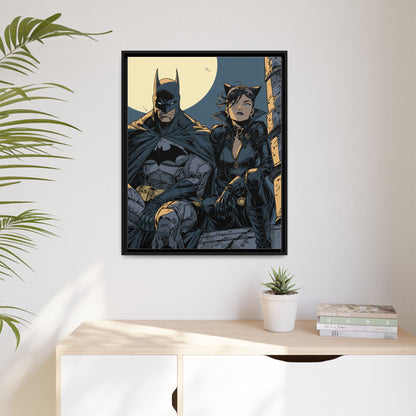Framed Matte Canvas Print — Gotham Night Batman & Catwoman Illustration