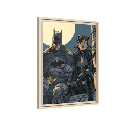 Framed Matte Canvas Print — Gotham Night Batman & Catwoman Illustration
