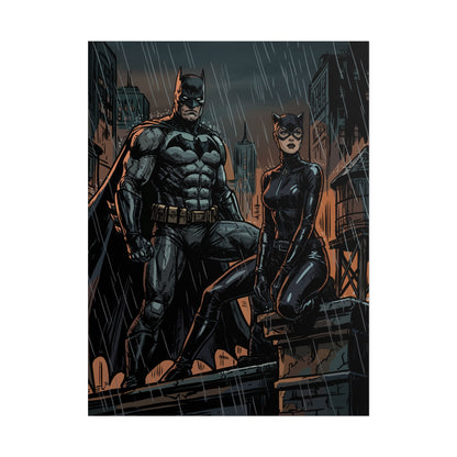 Batman & Catwoman Rainy Rooftop Rolled Poster