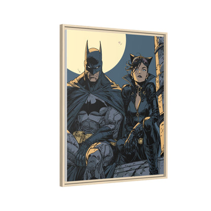 Framed Matte Canvas Print — Gotham Night Batman & Catwoman Illustration