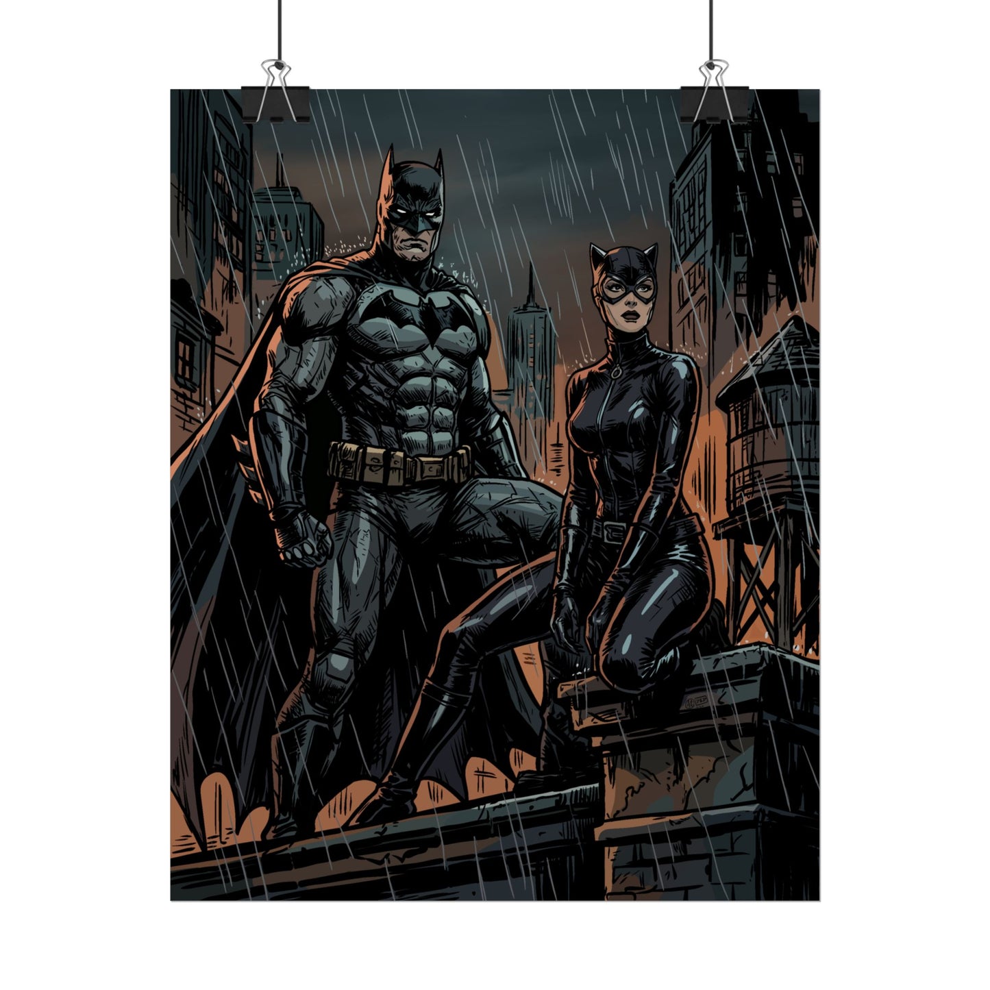 Batman & Catwoman Rainy Rooftop Rolled Poster