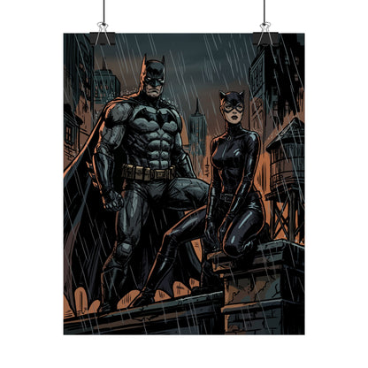 Batman & Catwoman Rainy Rooftop Rolled Poster
