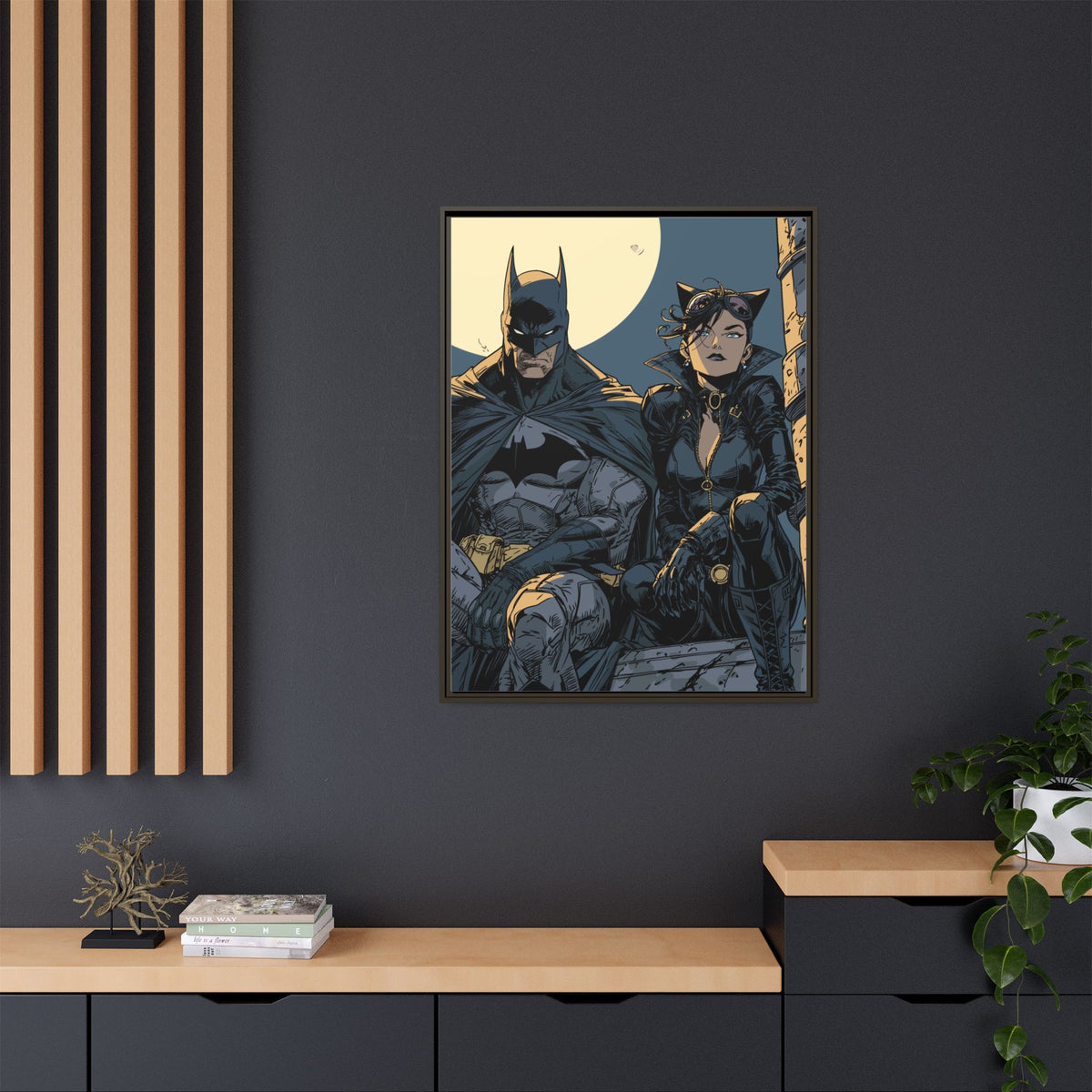 Framed Matte Canvas Print — Gotham Night Batman & Catwoman Illustration
