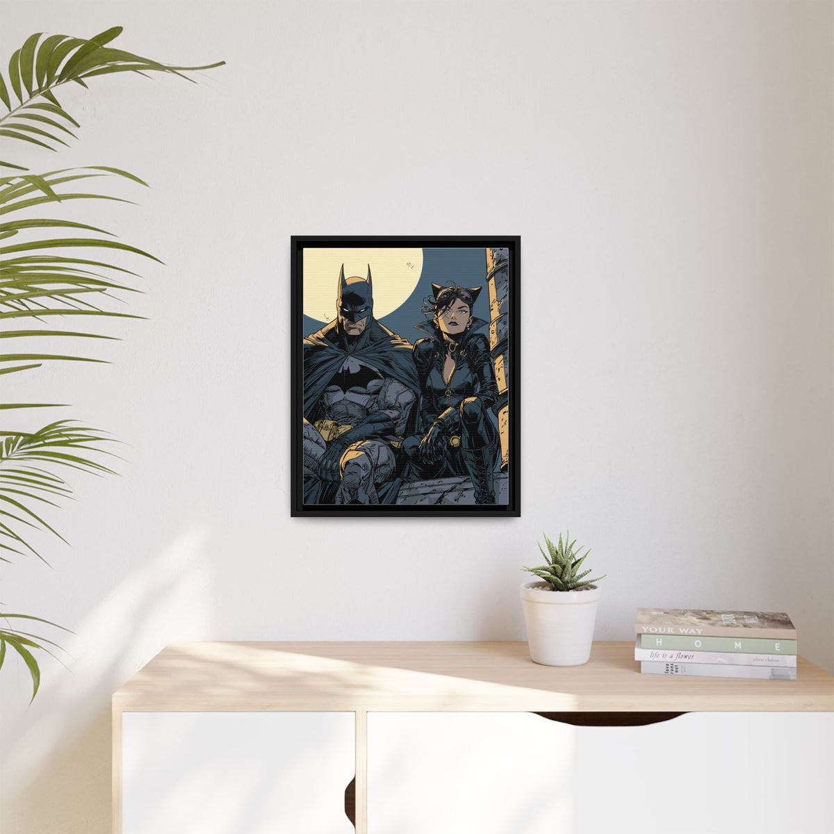 Framed Matte Canvas Print — Gotham Night Batman & Catwoman Illustration