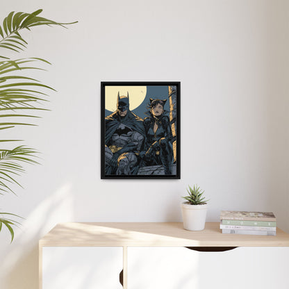 Framed Matte Canvas Print — Gotham Night Batman & Catwoman Illustration