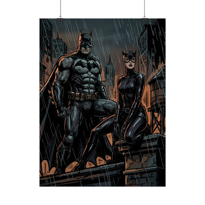 Batman & Catwoman Rainy Rooftop Rolled Poster