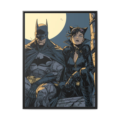 Framed Matte Canvas Print — Gotham Night Batman & Catwoman Illustration