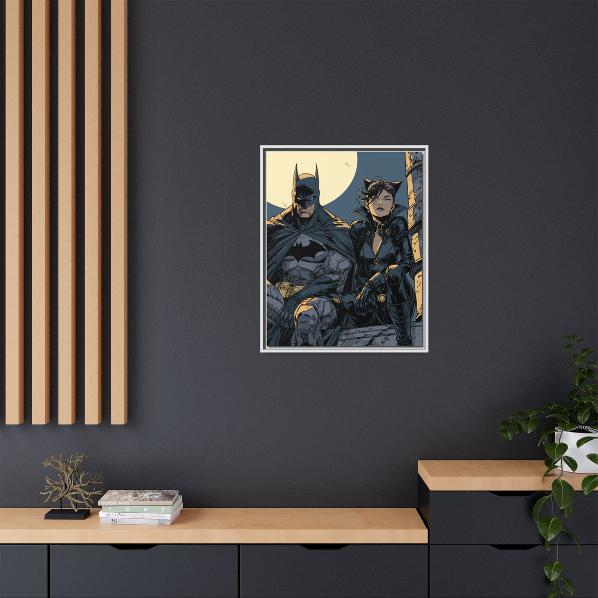 Framed Matte Canvas Print — Gotham Night Batman & Catwoman Illustration