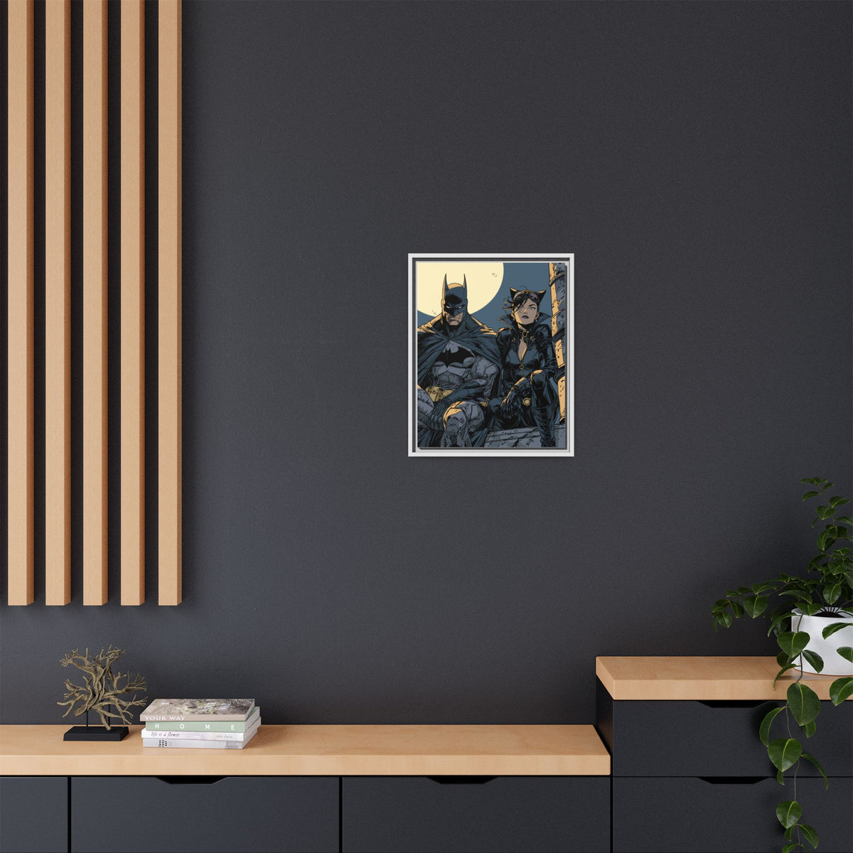 Framed Matte Canvas Print — Gotham Night Batman & Catwoman Illustration