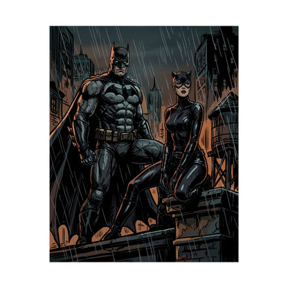 Batman & Catwoman Rainy Rooftop Rolled Poster