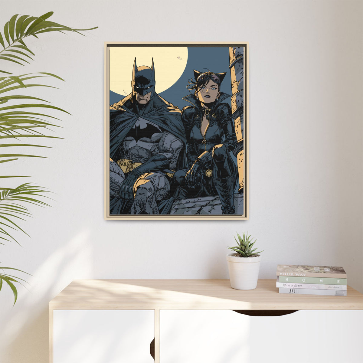 Framed Matte Canvas Print — Gotham Night Batman & Catwoman Illustration