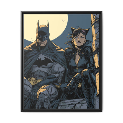 Framed Matte Canvas Print — Gotham Night Batman & Catwoman Illustration