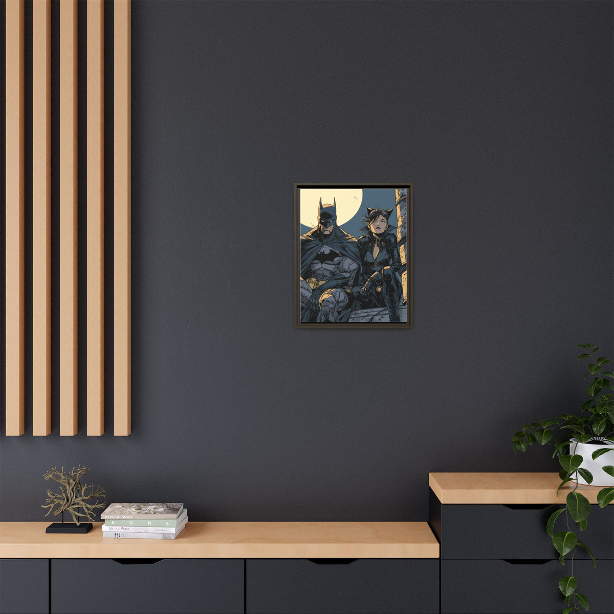 Framed Matte Canvas Print — Gotham Night Batman & Catwoman Illustration
