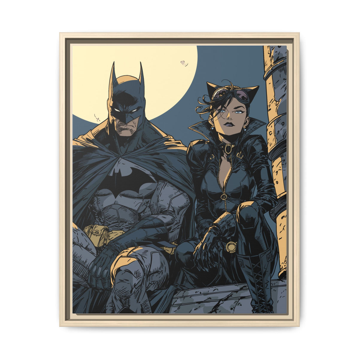Framed Matte Canvas Print — Gotham Night Batman & Catwoman Illustration