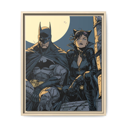 Framed Matte Canvas Print — Gotham Night Batman & Catwoman Illustration