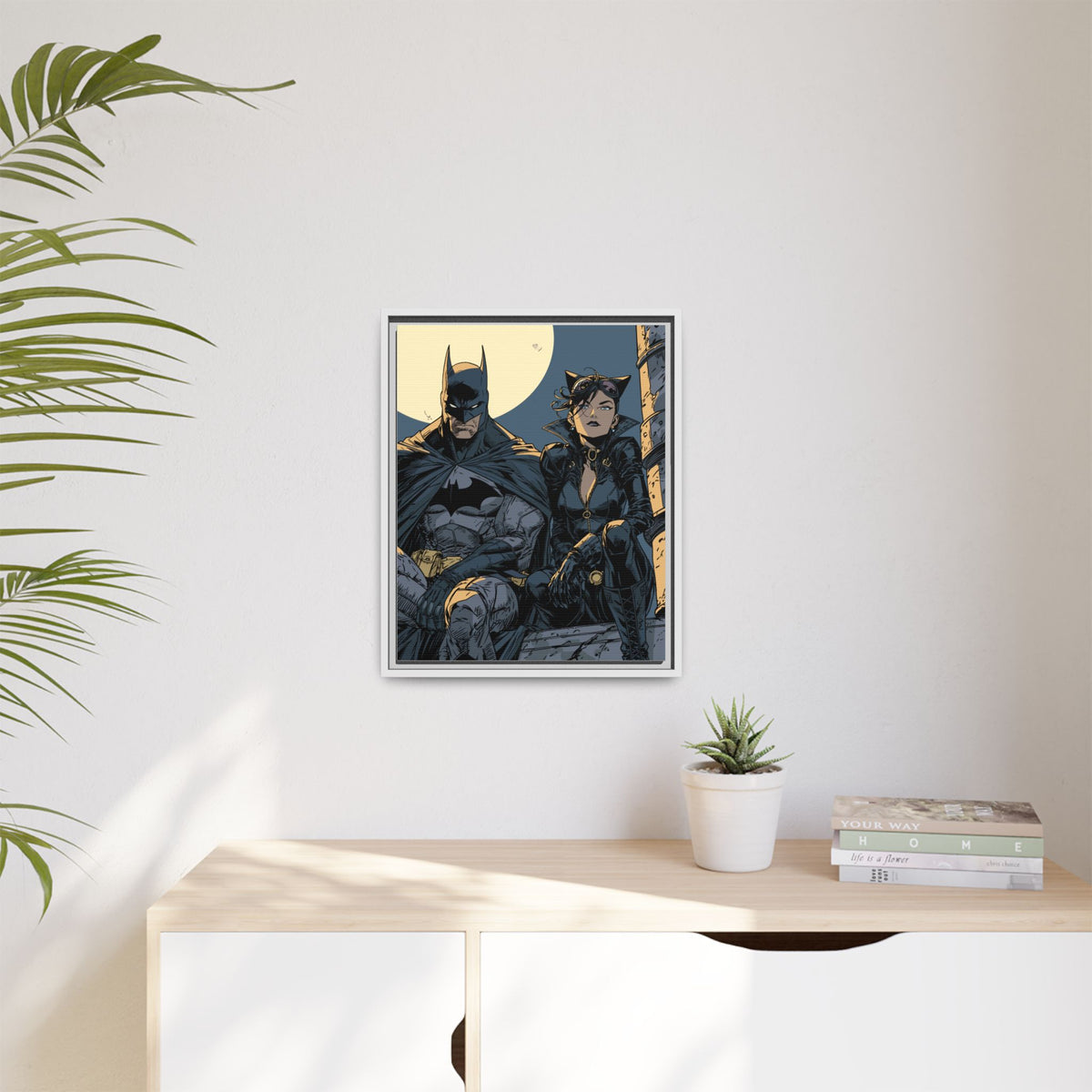 Framed Matte Canvas Print — Gotham Night Batman & Catwoman Illustration