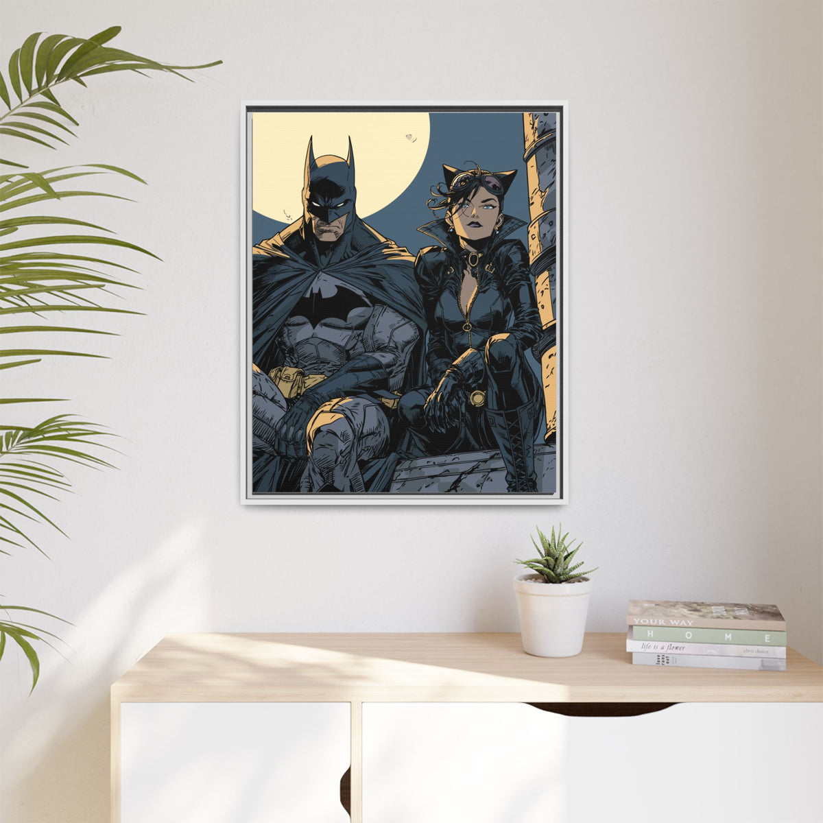 Framed Matte Canvas Print — Gotham Night Batman & Catwoman Illustration