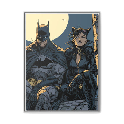 Framed Matte Canvas Print — Gotham Night Batman & Catwoman Illustration